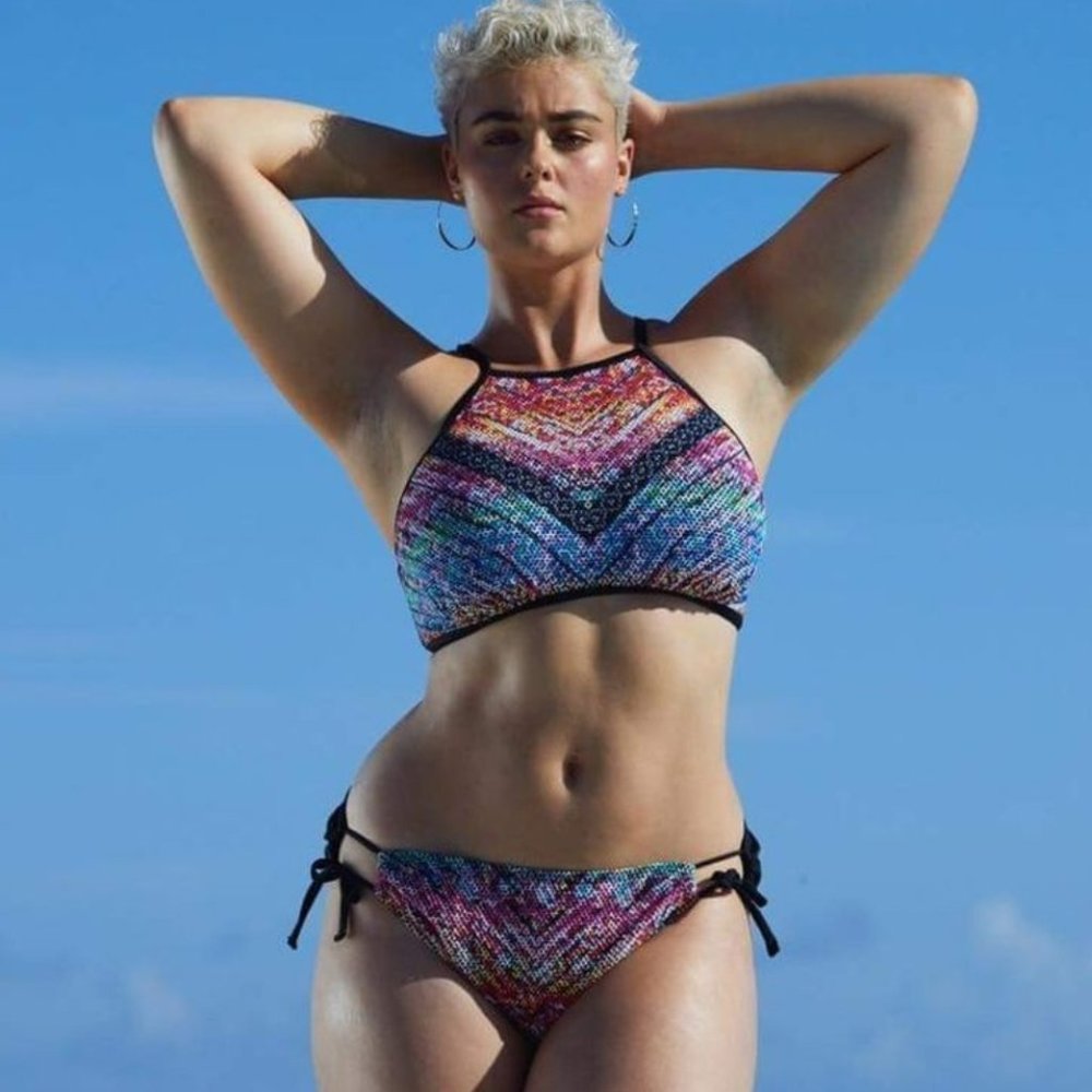 Swimsuits for all high neck multi color mesh bikini set
